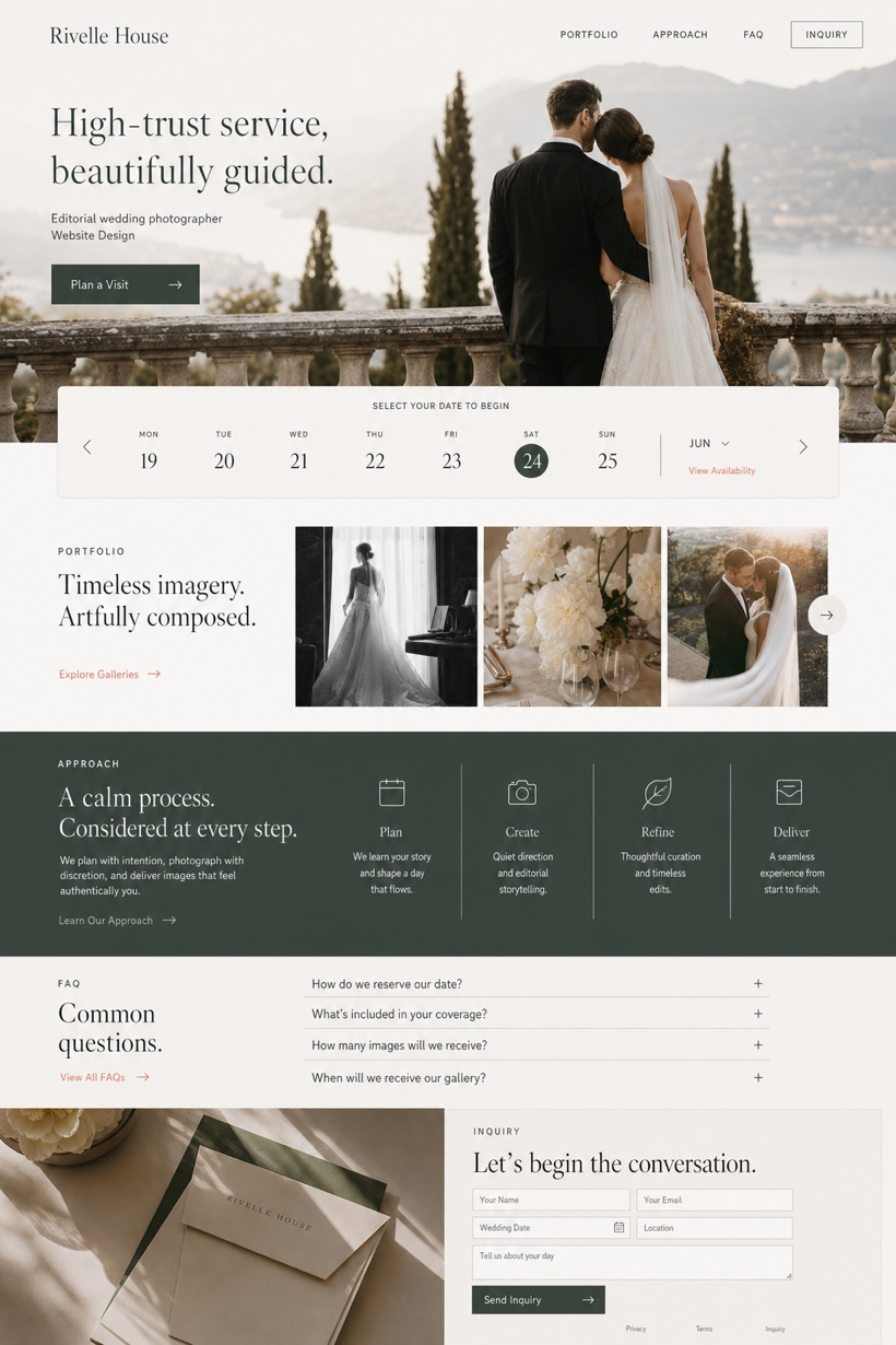 Fictional Rivelle House Editorial wedding photographer website design showcase in a 2:3 layout with service sections, FAQ, and inquiry action
