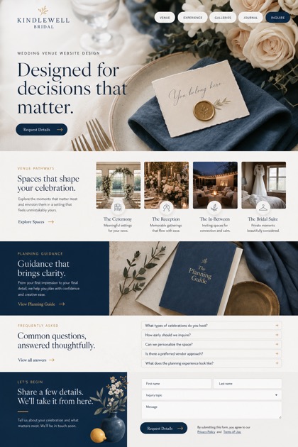 Fictional Kindlewell Bridal Premium wedding venue website design showcase in a 2:3 layout with service sections, FAQ, and inquiry action