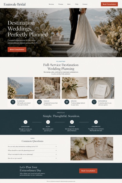 Weddings & Events website design for United States, showing a clear opening, service information, supporting content, and a focused inquiry action.