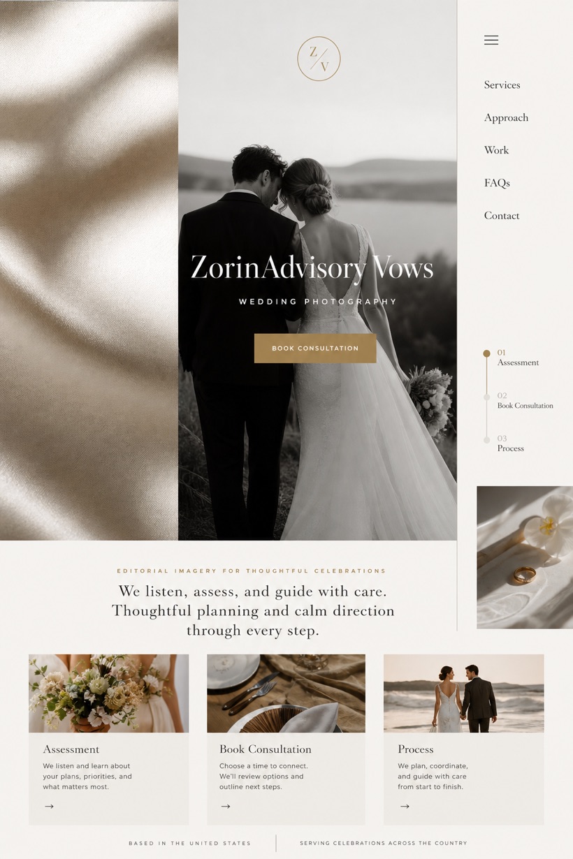 Weddings & Events website design for United States, showing a clear opening, service information, supporting content, and a focused inquiry action.