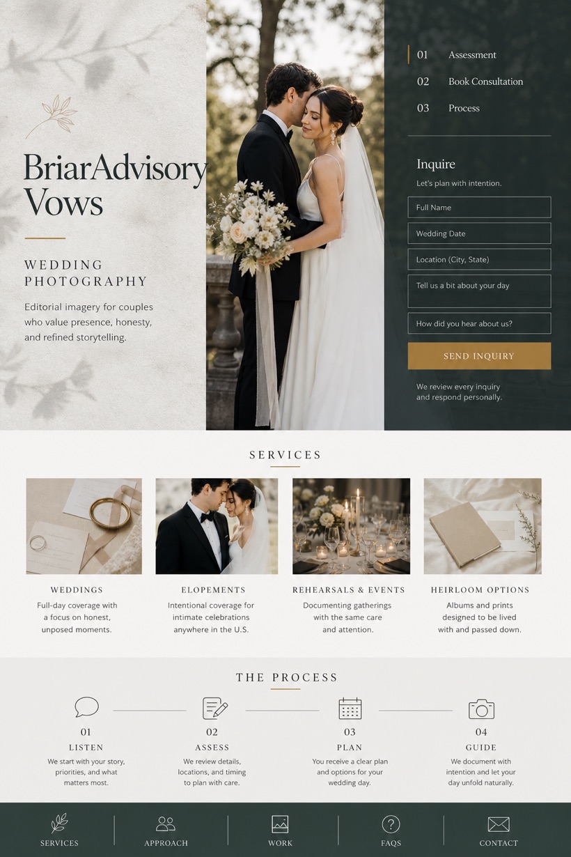 Weddings & Events website design for United States, showing a clear opening, service information, supporting content, and a focused inquiry action.