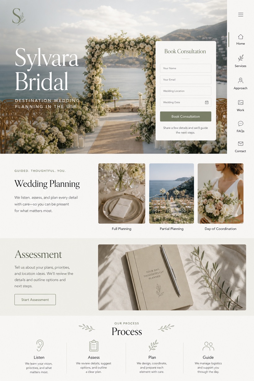 Weddings & Events website design for United States, showing a clear opening, service information, supporting content, and a focused inquiry action.