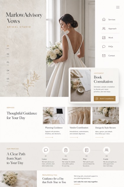Weddings & Events website design for United States, showing a clear opening, service information, supporting content, and a focused inquiry action.