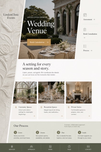 Weddings & Events website design for United States, showing a clear opening, service information, supporting content, and a focused inquiry action.