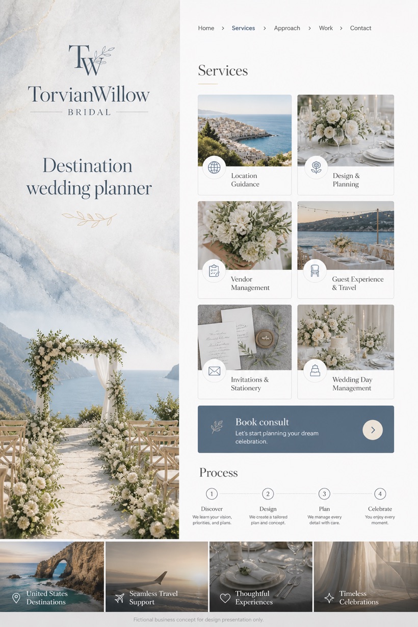 Weddings & Events website design for United States, showing a clear opening, service information, supporting content, and a focused inquiry action.