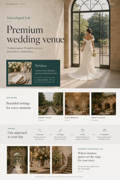 Weddings & Events website design for United States, showing a clear opening, service information, supporting content, and a focused inquiry action.