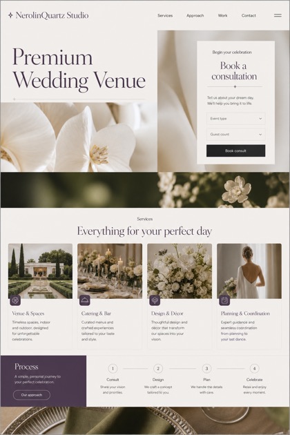 Weddings & Events website design for United States, showing a clear opening, service information, supporting content, and a focused inquiry action.
