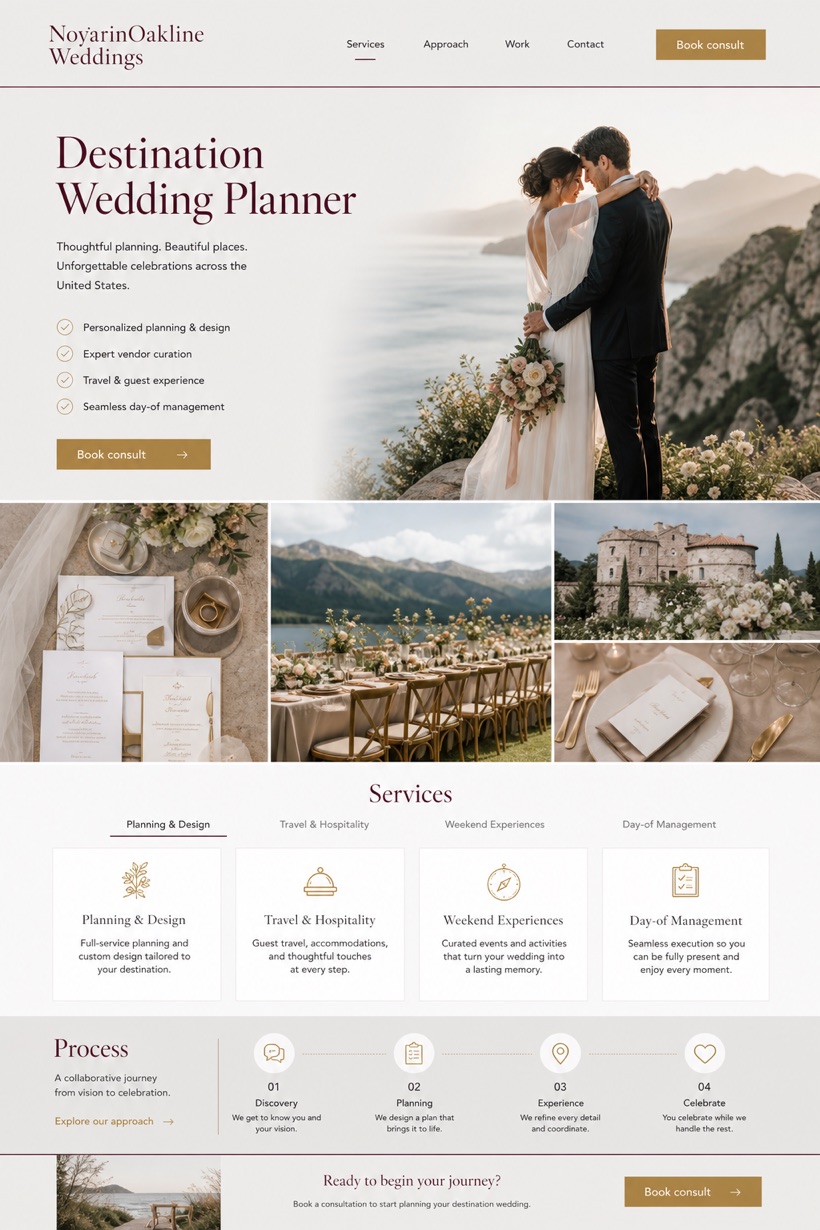 Weddings & Events website design for United States, showing a clear opening, service information, supporting content, and a focused inquiry action.