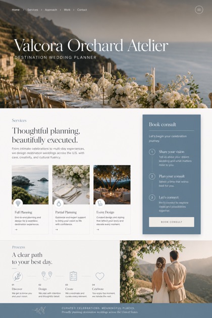 Weddings & Events website design for United States, showing a clear opening, service information, supporting content, and a focused inquiry action.
