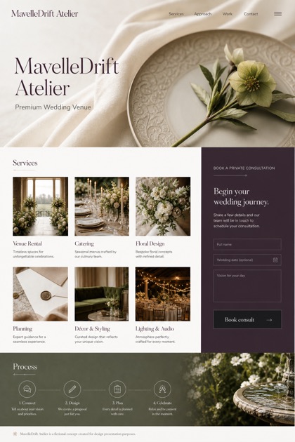 Weddings & Events website design for United States, showing a clear opening, service information, supporting content, and a focused inquiry action.