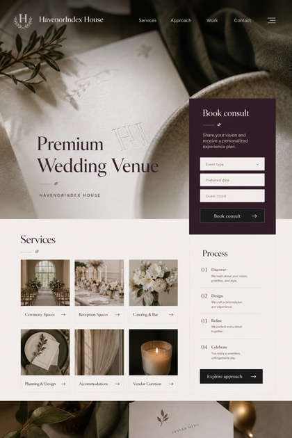 Weddings & Events website design for United States, showing a clear opening, service information, supporting content, and a focused inquiry action.