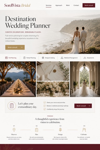 Weddings & Events website design for United States, showing a clear opening, service information, supporting content, and a focused inquiry action.