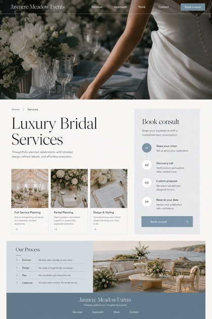 Weddings & Events website design for United States, showing a clear opening, service information, supporting content, and a focused inquiry action.