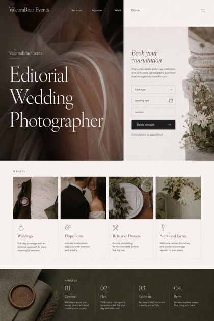 Weddings & Events website design for United States, showing a clear opening, service information, supporting content, and a focused inquiry action.