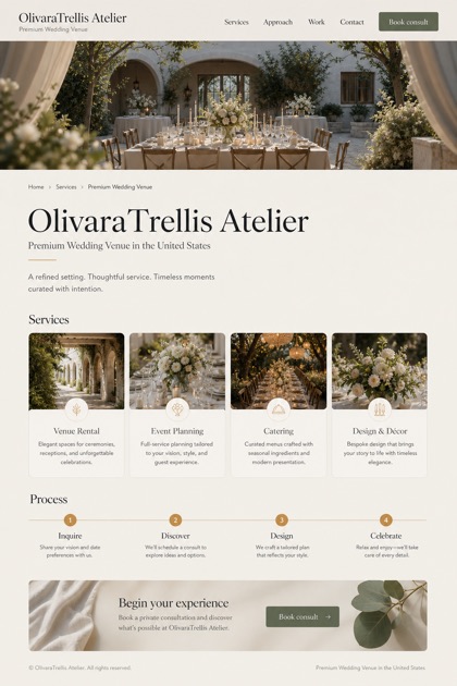 Weddings & Events website design for United States, showing a clear opening, service information, supporting content, and a focused inquiry action.