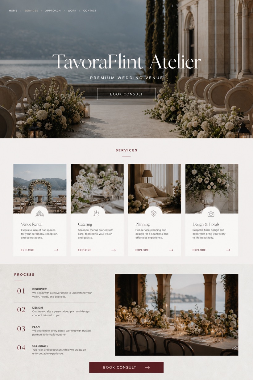 Weddings & Events website design for United States, showing a clear opening, service information, supporting content, and a focused inquiry action.