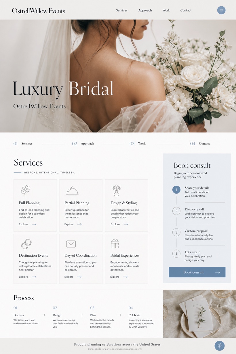 Weddings & Events website design for United States, showing a clear opening, service information, supporting content, and a focused inquiry action.