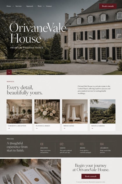 Weddings & Events website design for United States, showing a clear opening, service information, supporting content, and a focused inquiry action.