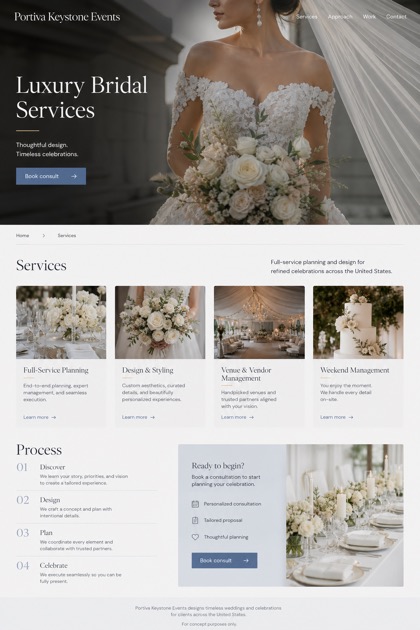 Weddings & Events website design for United States, showing a clear opening, service information, supporting content, and a focused inquiry action.