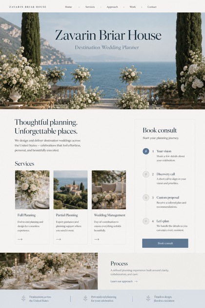 Weddings & Events website design for United States, showing a clear opening, service information, supporting content, and a focused inquiry action.