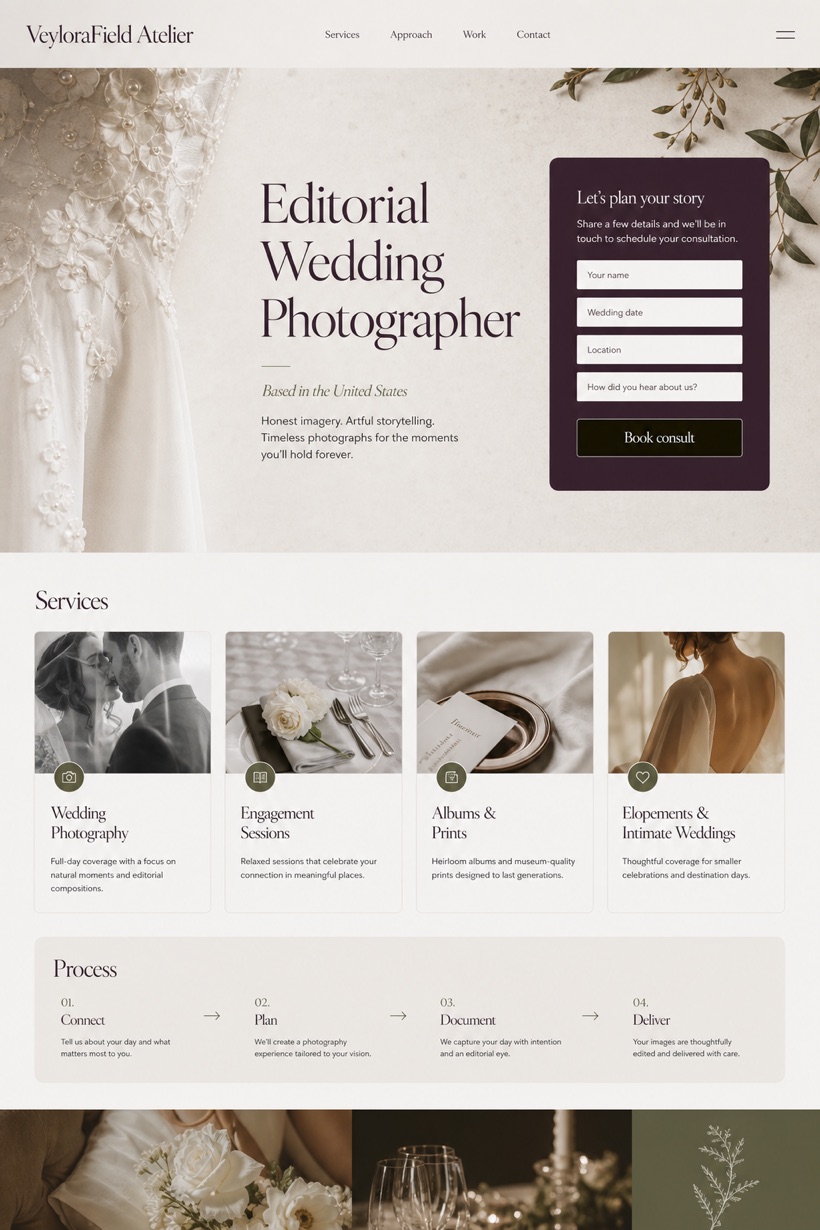 Weddings & Events website design for United States, showing a clear opening, service information, supporting content, and a focused inquiry action.