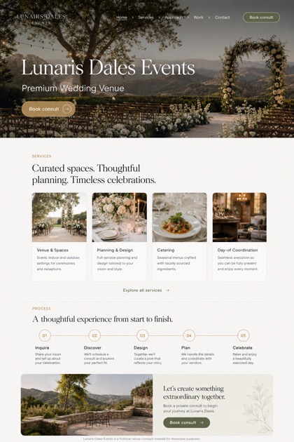 Weddings & Events website design for United States, showing a clear opening, service information, supporting content, and a focused inquiry action.