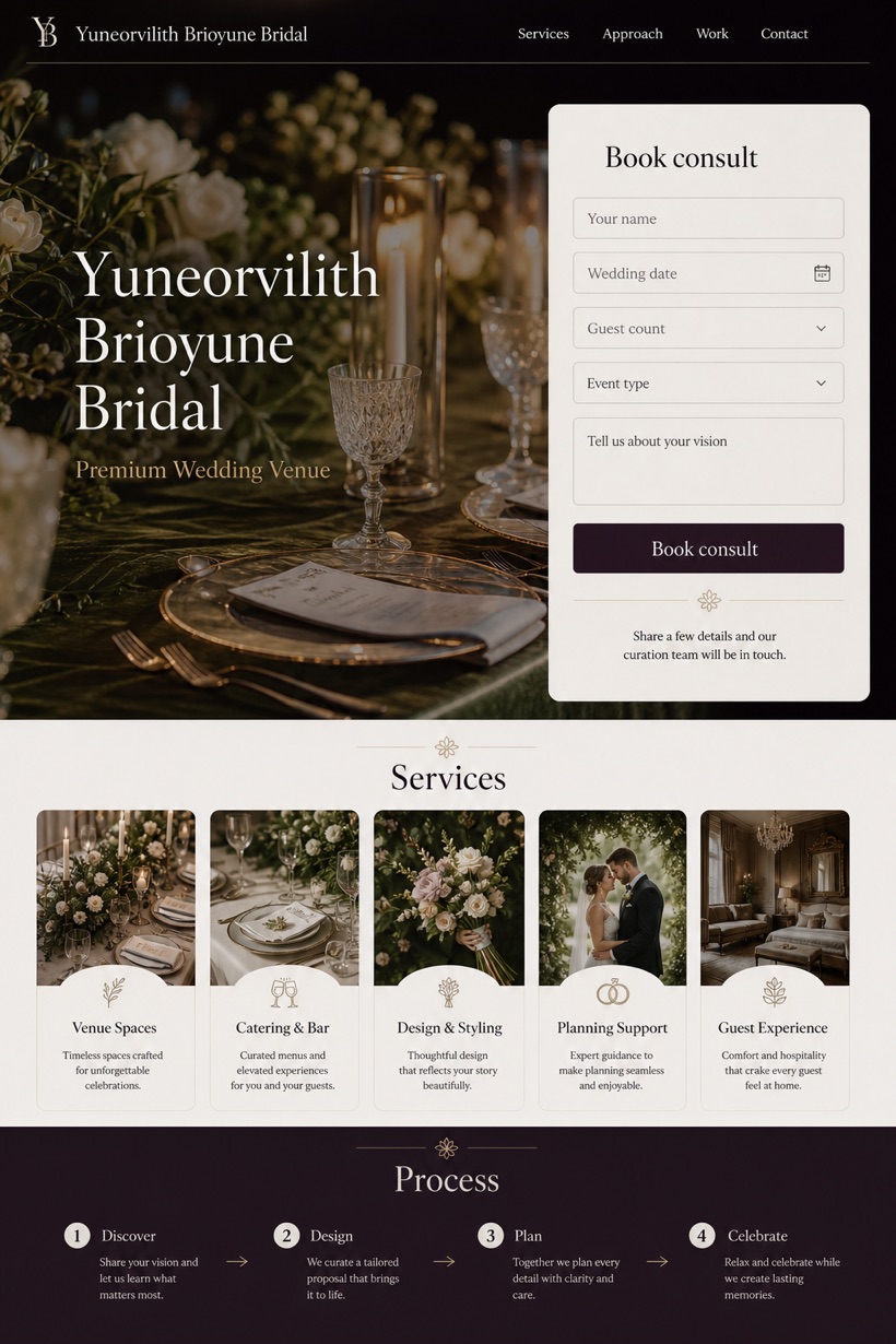 Weddings & Events website design for United States, showing a clear opening, service information, supporting content, and a focused inquiry action.