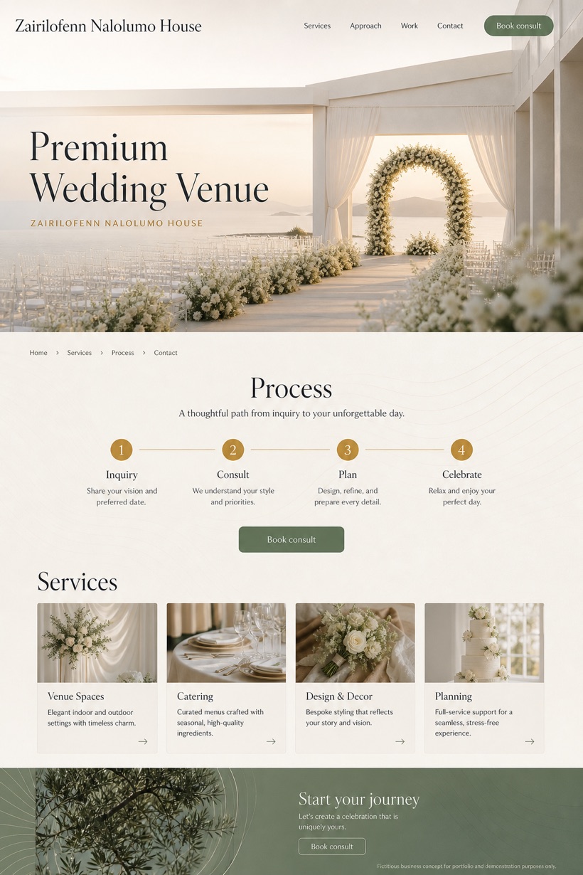 Weddings & Events website design for United States, showing a clear opening, service information, supporting content, and a focused inquiry action.