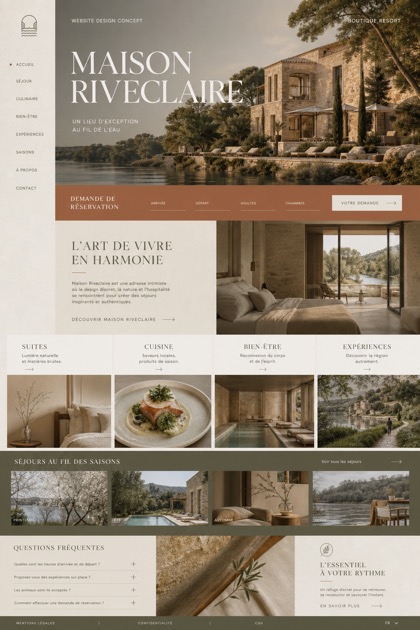 Fictional Maison Riveclaire boutique resort website concept with vertical index navigation, warm limestone palette, stay cards, inquiry strip, and FAQ