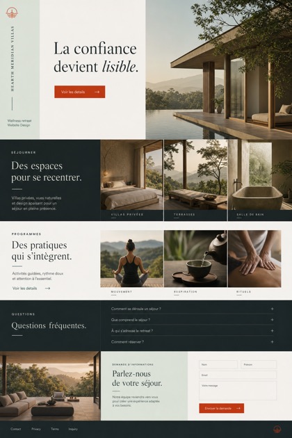 Fictional Hearth Meridian Villas Wellness retreat website design showcase in a 2:3 layout with service sections, FAQ, and inquiry action
