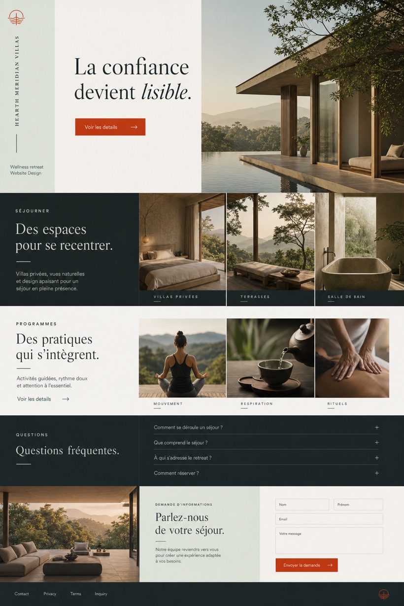 Fictional Hearth Meridian Villas Wellness retreat website design showcase in a 2:3 layout with service sections, FAQ, and inquiry action