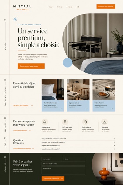 Fictional Mistral Yard House Design-led city hotel website design showcase in a 2:3 layout with service sections, FAQ, and inquiry action
