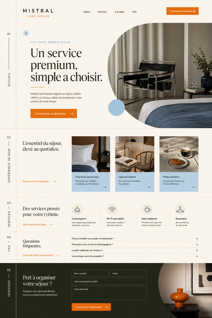 Fictional Mistral Yard House Design-led city hotel website design showcase in a 2:3 layout with service sections, FAQ, and inquiry action