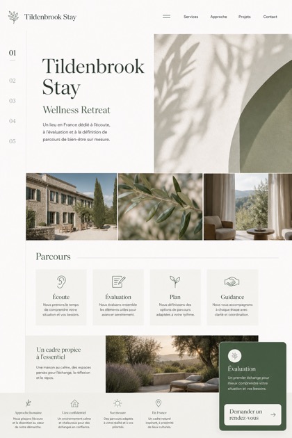 Hospitality website design for France, showing a clear opening, service information, supporting content, and a focused inquiry action.