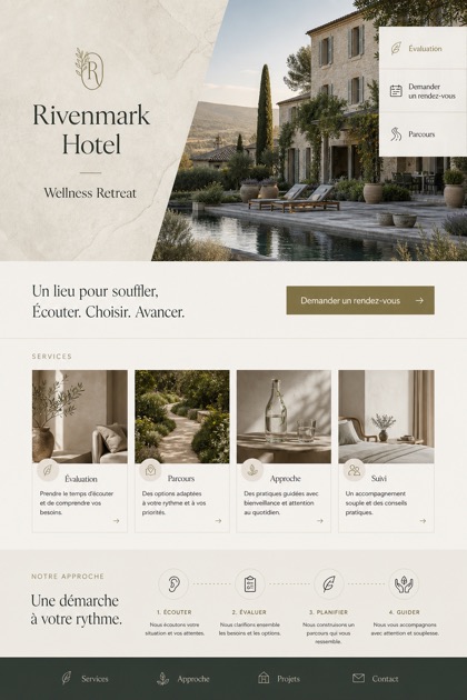 Hospitality website design for France, showing a clear opening, service information, supporting content, and a focused inquiry action.