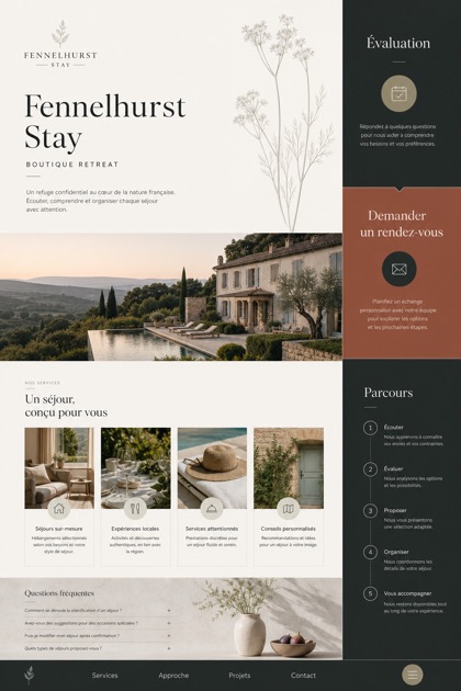 Hospitality website design for France, showing a clear opening, service information, supporting content, and a focused inquiry action.