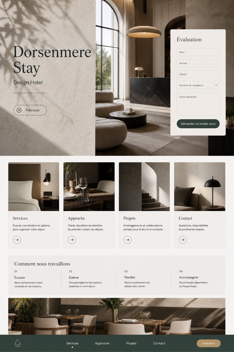 Hospitality website design for France, showing a clear opening, service information, supporting content, and a focused inquiry action.