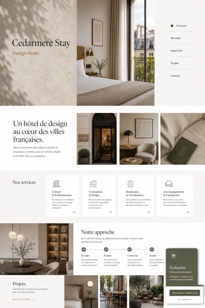Hospitality website design for France, showing a clear opening, service information, supporting content, and a focused inquiry action.