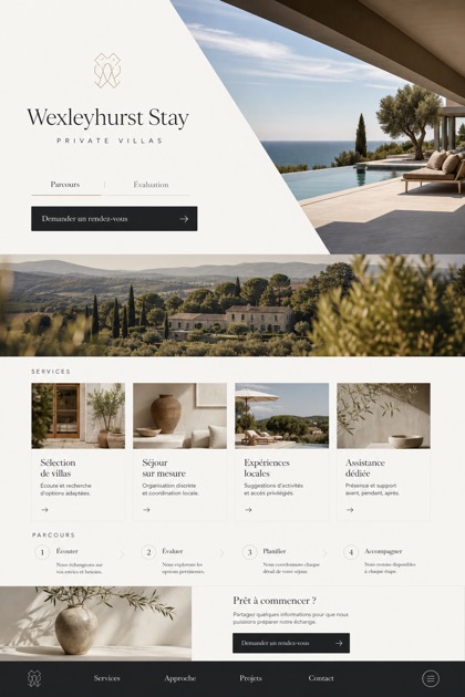 Hospitality website design for France, showing a clear opening, service information, supporting content, and a focused inquiry action.