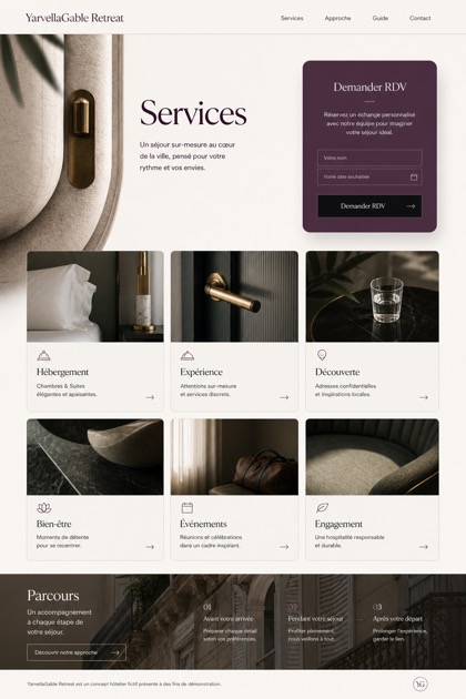 Hospitality website design for France, showing a clear opening, service information, supporting content, and a focused inquiry action.