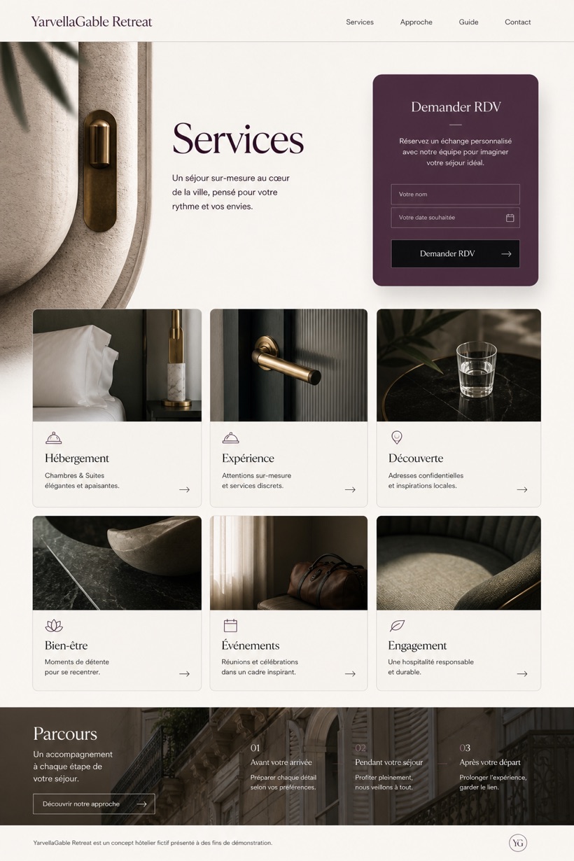 Hospitality website design for France, showing a clear opening, service information, supporting content, and a focused inquiry action.