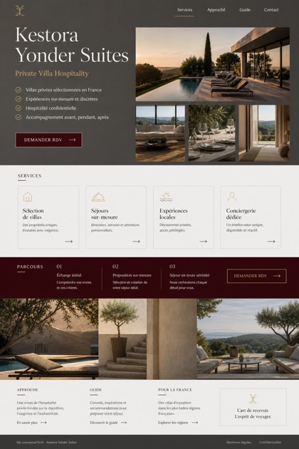 Hospitality website design for France, showing a clear opening, service information, supporting content, and a focused inquiry action.