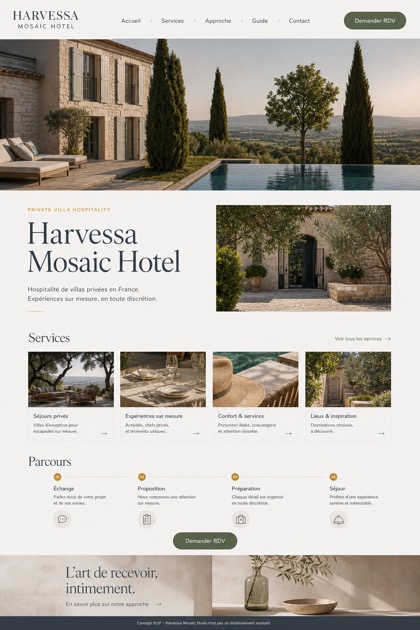 Hospitality website design for France, showing a clear opening, service information, supporting content, and a focused inquiry action.