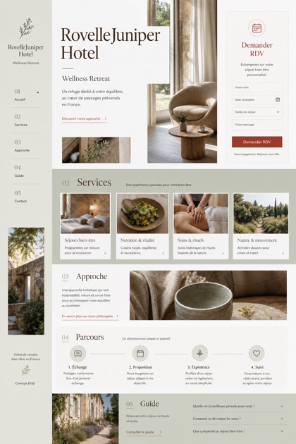 Hospitality website design for France, showing a clear opening, service information, supporting content, and a focused inquiry action.