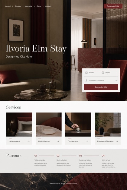 Hospitality website design for France, showing a clear opening, service information, supporting content, and a focused inquiry action.