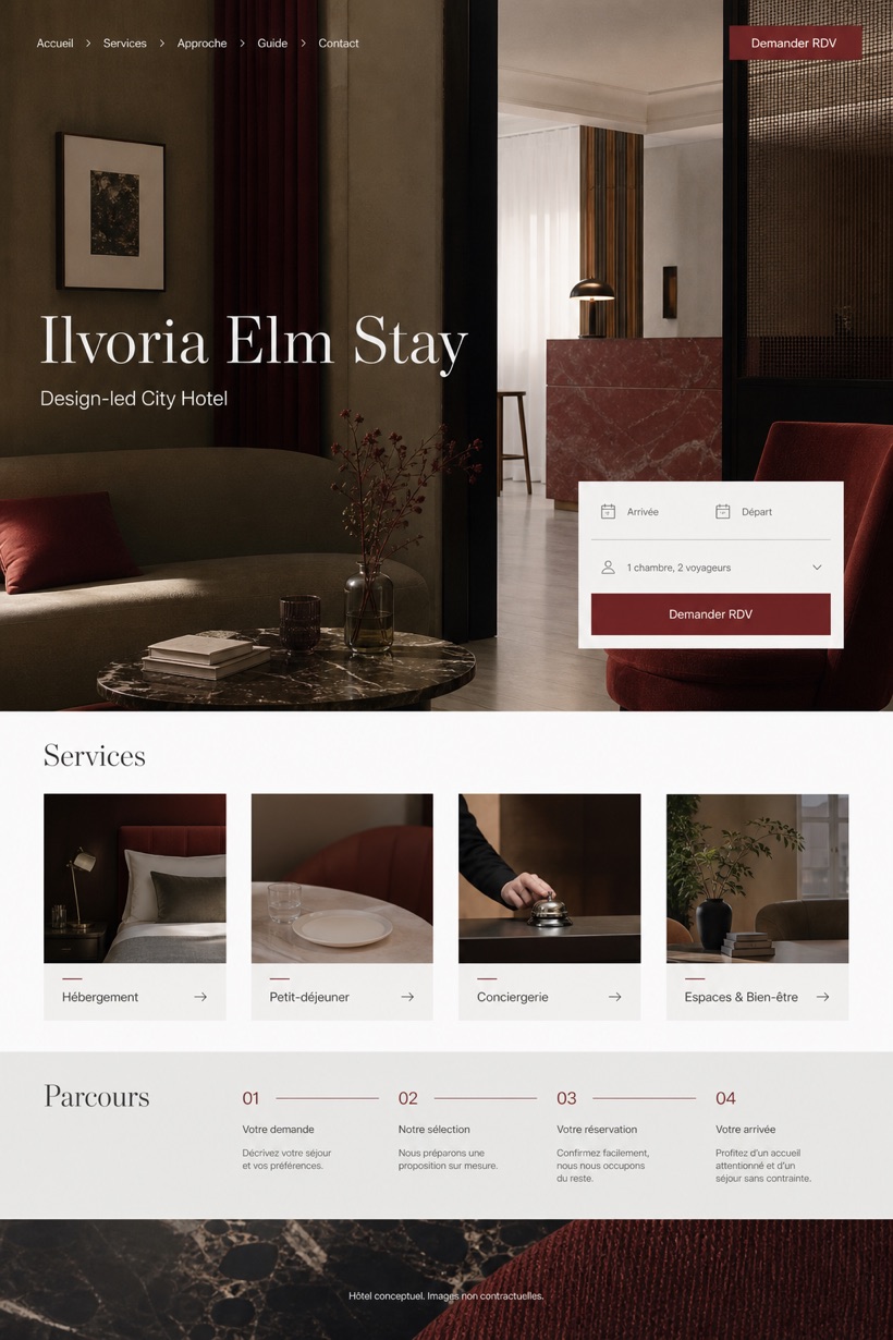 Hospitality website design for France, showing a clear opening, service information, supporting content, and a focused inquiry action.