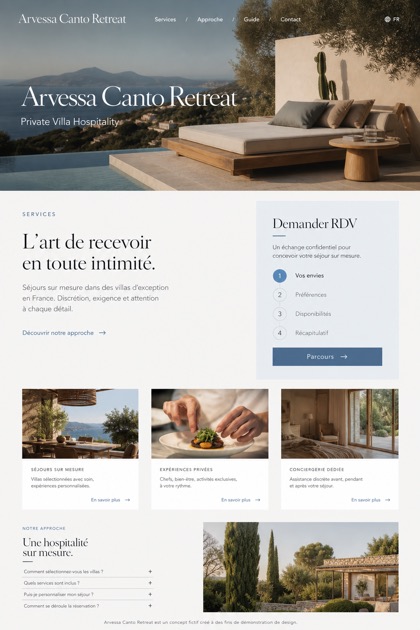 Hospitality website design for France, showing a clear opening, service information, supporting content, and a focused inquiry action.