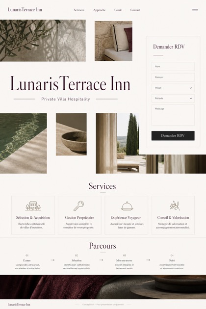 Hospitality website design for France, showing a clear opening, service information, supporting content, and a focused inquiry action.