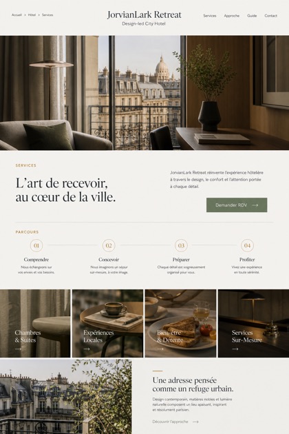 Hospitality website design for France, showing a clear opening, service information, supporting content, and a focused inquiry action.