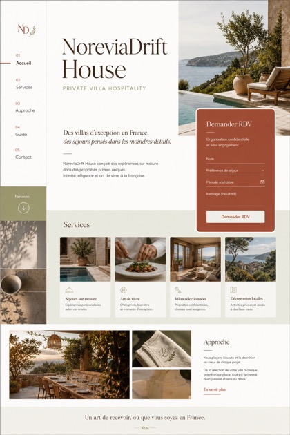 Hospitality website design for France, showing a clear opening, service information, supporting content, and a focused inquiry action.
